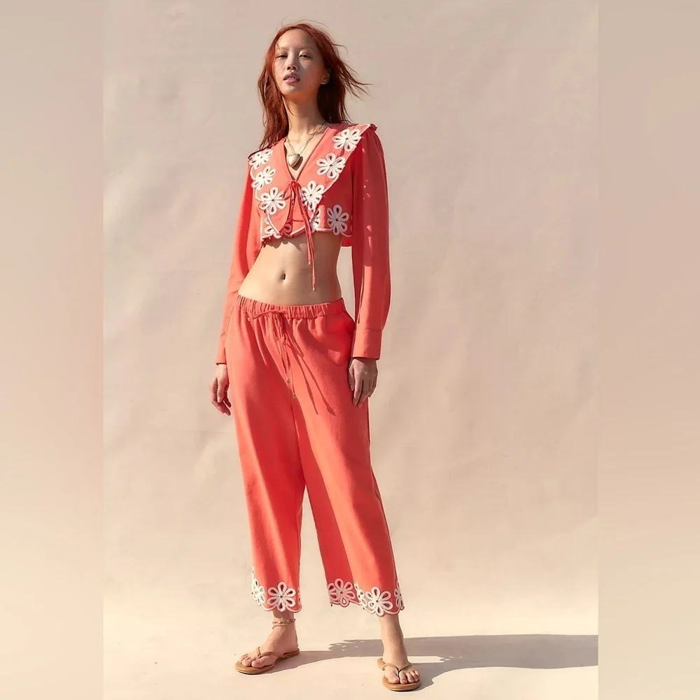 Free People Amina Coord Matching Set Embroidered Tie Front NWT